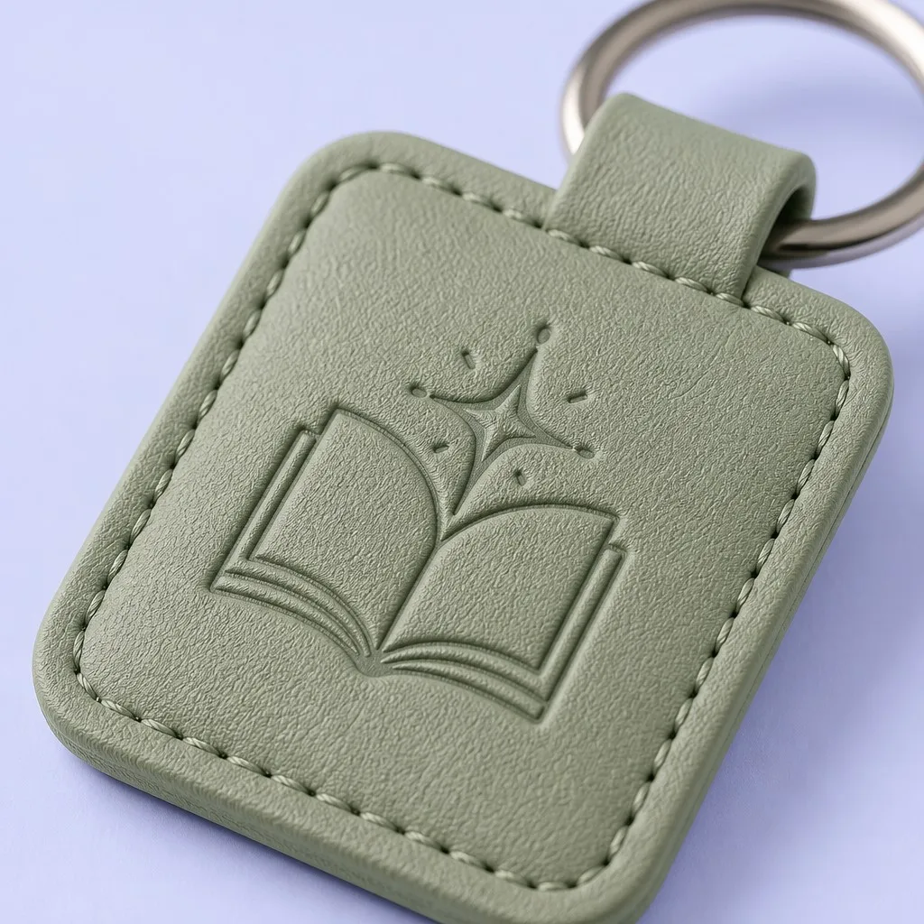 Custom olive green leather keychain with an open book and star emblem, view 4