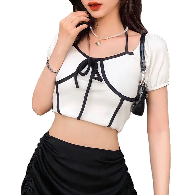 

Hot Selling Popular Design Summer Cute Style Womans Lace Up Short Sleeve Open Back Crop Top