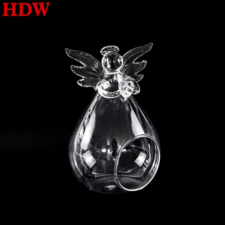 

Hot Selling Hanging Clear Creative Angel Shape Glass Flower Vase Tea Light Cover Glass Candle Holder for home decoration