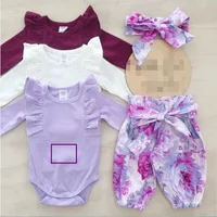 

Autumn Australia Fashion Kids Baby Girl Clothes Sets Kids Fly Sleeve Solid Color Rompers With Floral Shorts 2pcs suits