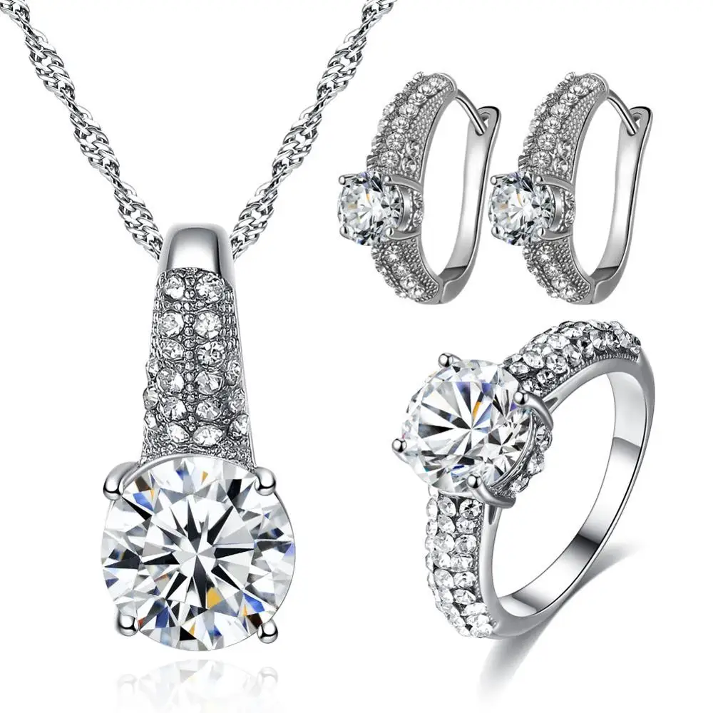 

Ruigang Fashion 18K White Gold Plated Crystal CZ Necklace Earring Ring Wedding Jewelry Set, Gold silver