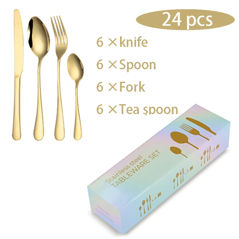 

Hot selling amazon luxury 1010 stainless steel 24 pcs gold cutlery set silverware with gift box case wholesale, Silver/gold/black/rose gold/rainbow