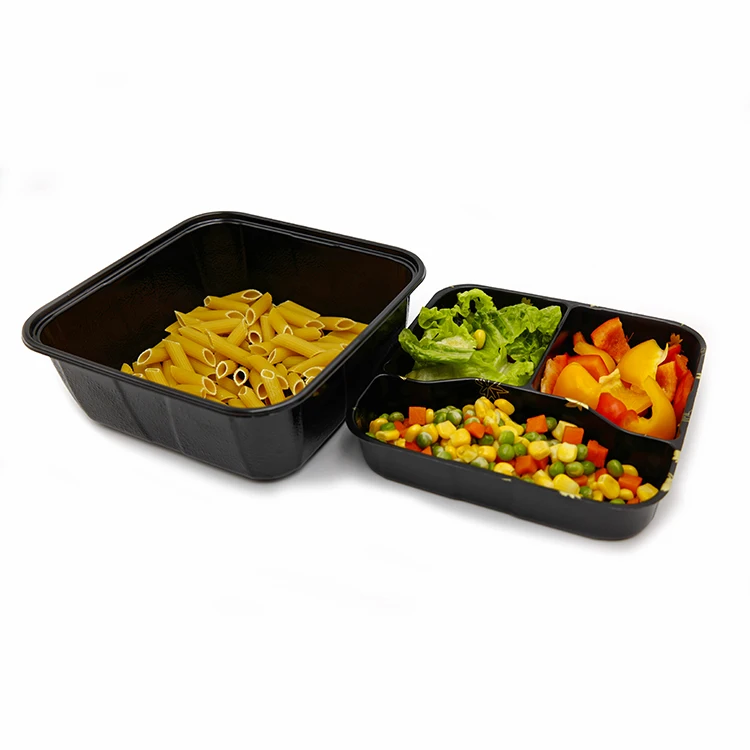 

7 inch Microwave Oven Safe Plastic PP Lunch Box with 3 Compartment, Black