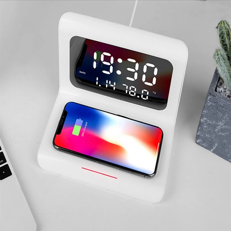 

2021 New Design QI Fast Charging Wireless Charger 10w Alarm Clock with Temperature Displays Smart Clock