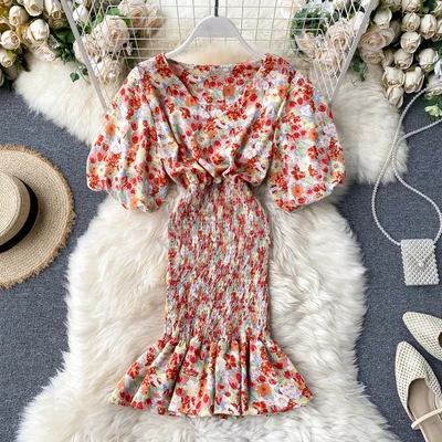 

2020 Summer Women French Fashion Printed Puff Sleeve Pencil Mini Dress