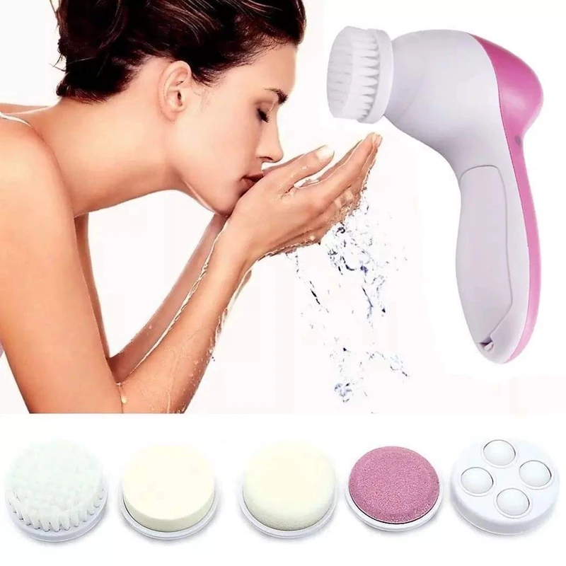 

Multifunctional 5 In 1 Electric Face Wash Brush Electric Face Massager Facial Cleaner Brush 5 In 1 Face Brush, Pink