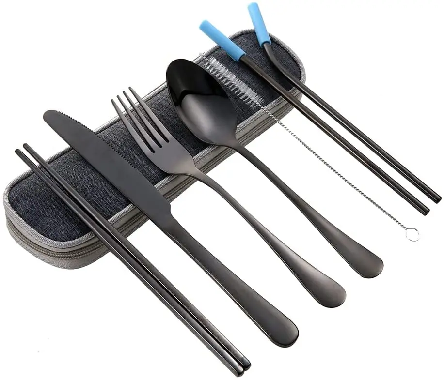

Reusable tableware chopsticks spoon stainless steel set metal straw portable travel Cutlery Set Flatware set, Black