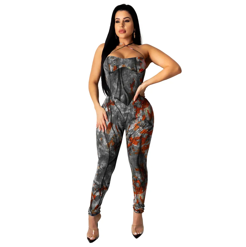 

High End Women Sexy One Piece Jumpsuits Stretch Club Jean Graffiti Floral Lace-up Backless Leotard