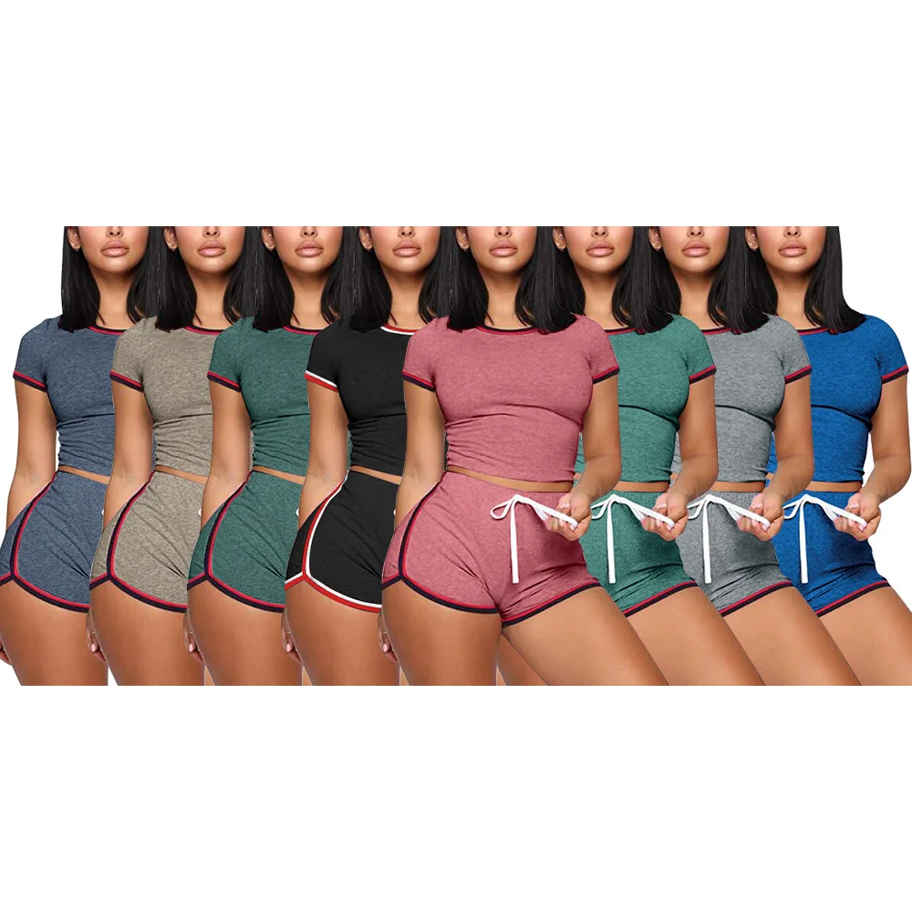 

solid color women o neck casual summer 2 piece set short sleeve fashion sports wholesale workout outfit tracksuit clothes, Custom choose