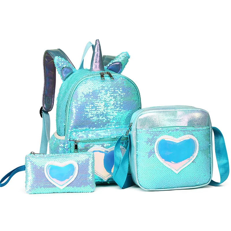 

K021 2021 Amazon hot sale sequin back pack sets kids unicorn girls backpack school bag set, Accept customized color