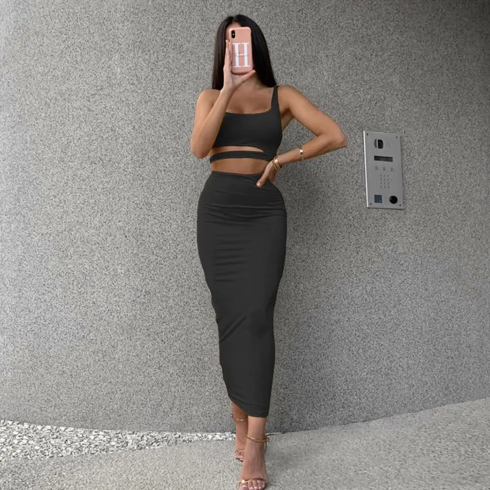 

2021 New Sexy Women hot club bodycon 2 pieces set dress midi skirt low neck bandage fit evening dresses #2