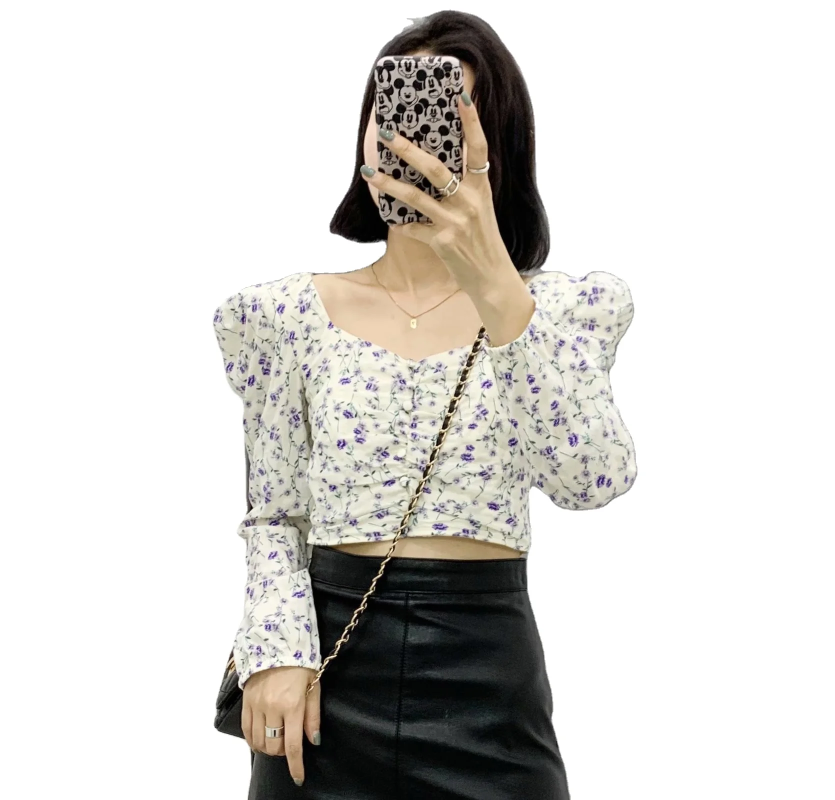 

2021Spring New Arrivals Square Collar Flower Printed Button Long Sleeve Ladies Blouses Tops, White