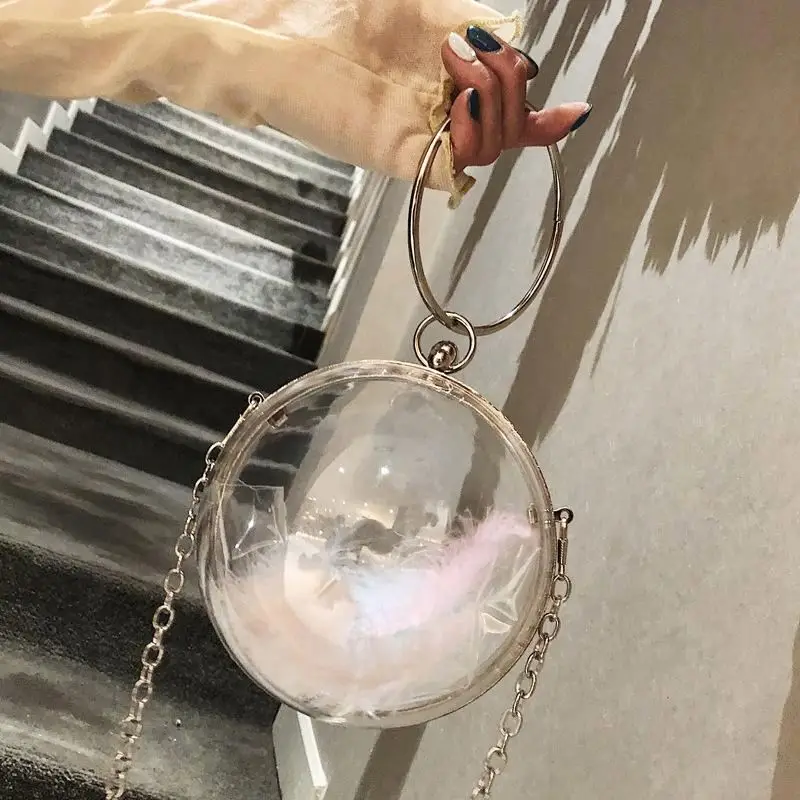 

Elegant Women Acrylic Round Ball Clutch Handbag Clear Transparent Wedding Party Purse Shoulder Evening Bag