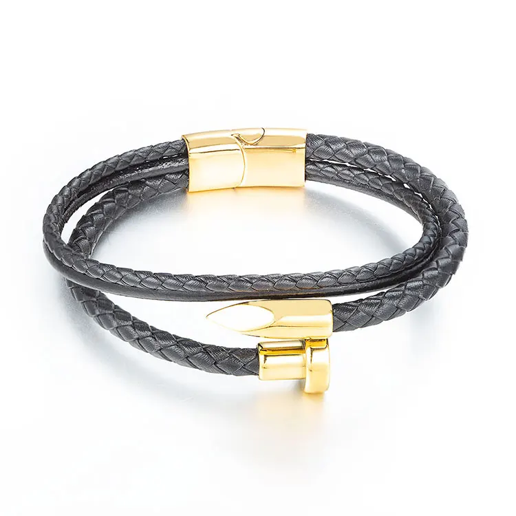 

Handmade Men Accessories 18K Gold Plated Stainless Steel Nail Custom Hand Rope Leather Men's Cuff Bracelets