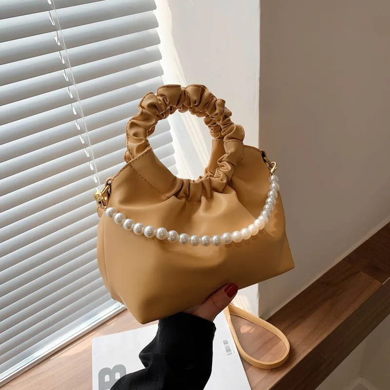 

Fashion design ruched round handle pearl chain shoulder crossbody cloud bags lady purse hand bag leather purse women, 6colors
