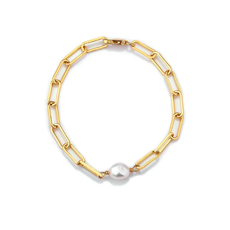 

Daidan bracelet gold plated 18k 9mm baroque pearl rectangle gold chain sterling silver bracelet