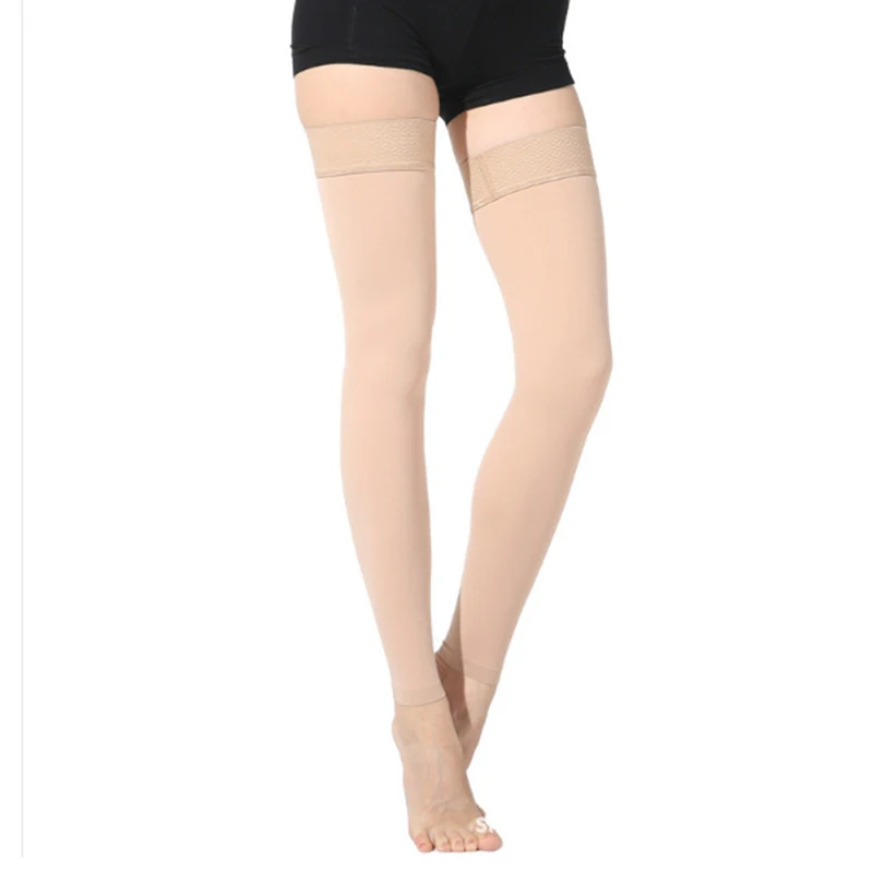 

Varicose veins thigh high silicon anti embolism medical compression stocking with open toe, Black, beige