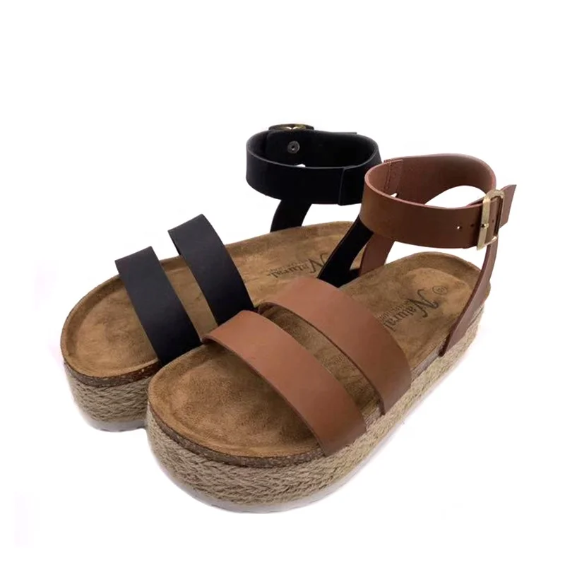 Fashion Summer Pu Ankle Strap Cork Sole Women Ladies Espadrille