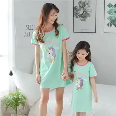 

Wholesale Short Sleeves Cotton Mommy and Me Dress Girls Unicorn Sleeping Dress, White, black, or customized color