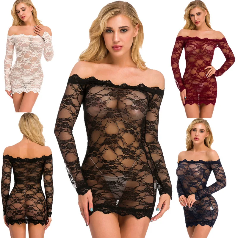 

Erotic solid color off shoulder sexy women lingerie v neck bodysuit bodycon nightwear mesh lingerie chemise babydoll sleepwear