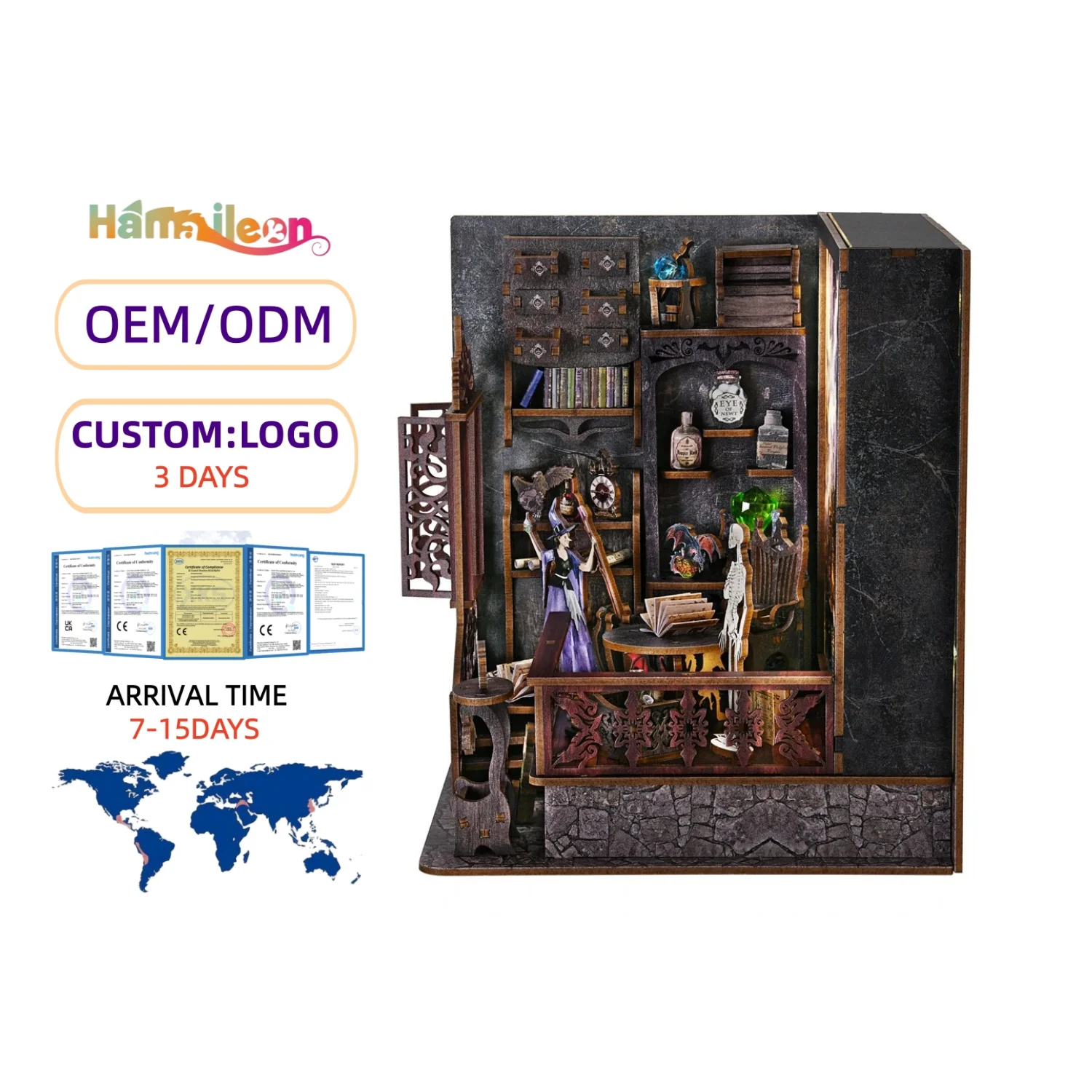 Hamaileon CH03 DIY Wooden Puzzle Book Nook Kit Magic Town Light Picture Bookshelf with for Dollhouse Model Fun Toy for Kids
