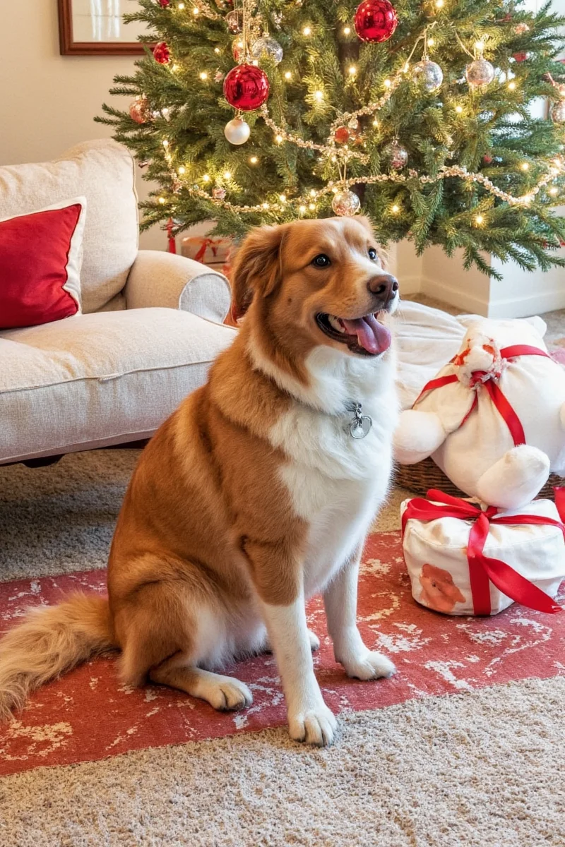 Pet-friendly living room with Christmas mouse decor and a sleeping dog nearby