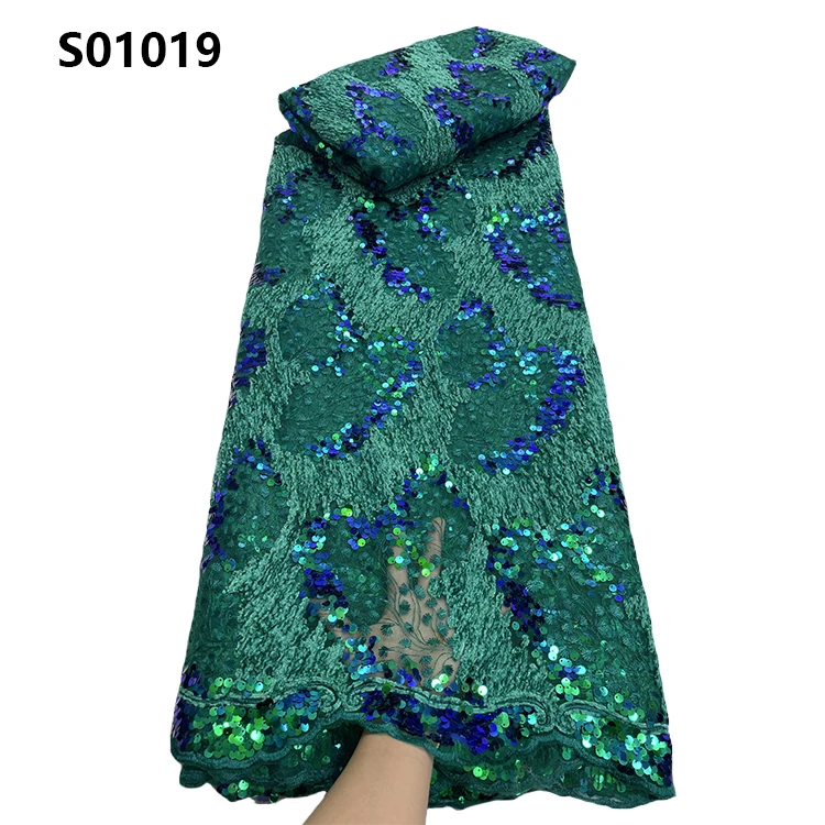 CHOCOO Hot Sale Muti-color Luxury African Lace Fabric Golden Supplier French Tulle Embroidery Green Sequins Lace Fabric