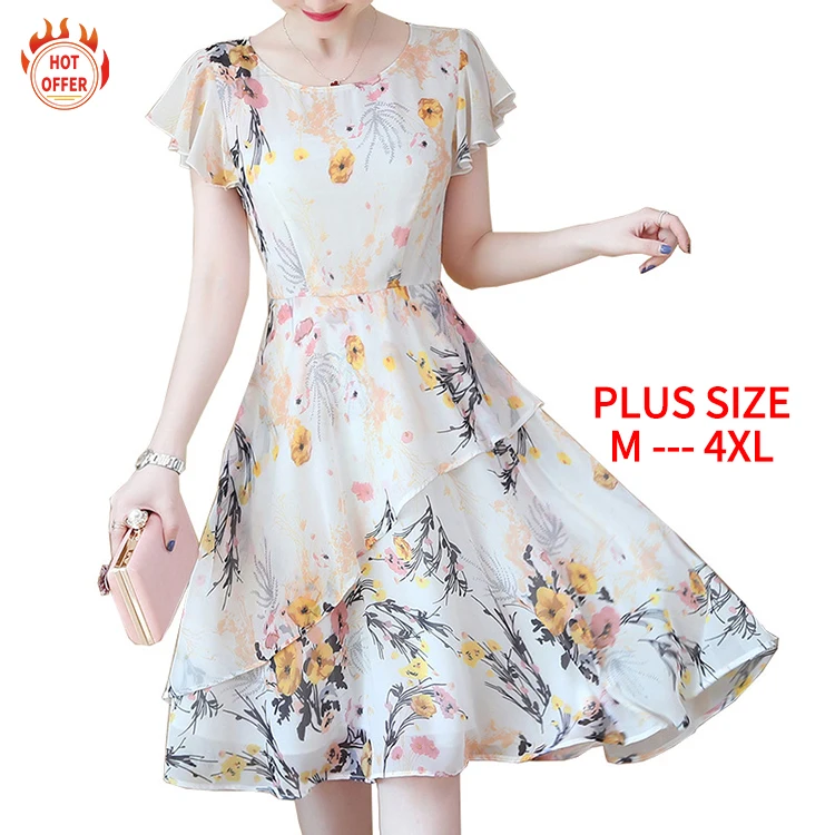 

New Hot Round Neck Short Sleeve Stylish Sexy Elegant Chiffon Floral Midi Woman's Summer Casual Plus Size Dress, White