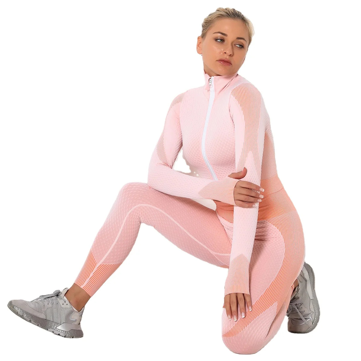 

2020 wholesale sports accessories Seamless Breathable Yoga Fitness Wear Yoga Zipper Sweatshirt Suit Yoga Sets Fitness Women, Customized colors