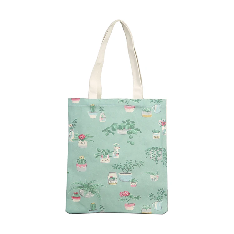 

New style full color flower pattern printed original design canvas cotton tote shopping bag, Green.
