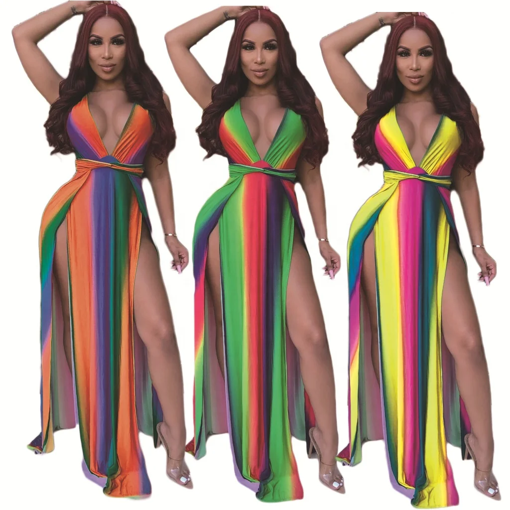 

Fashion Women's Off-the-shoulder Split V-neck Sexy Rainbow Print Striped Sexy Summer Dress