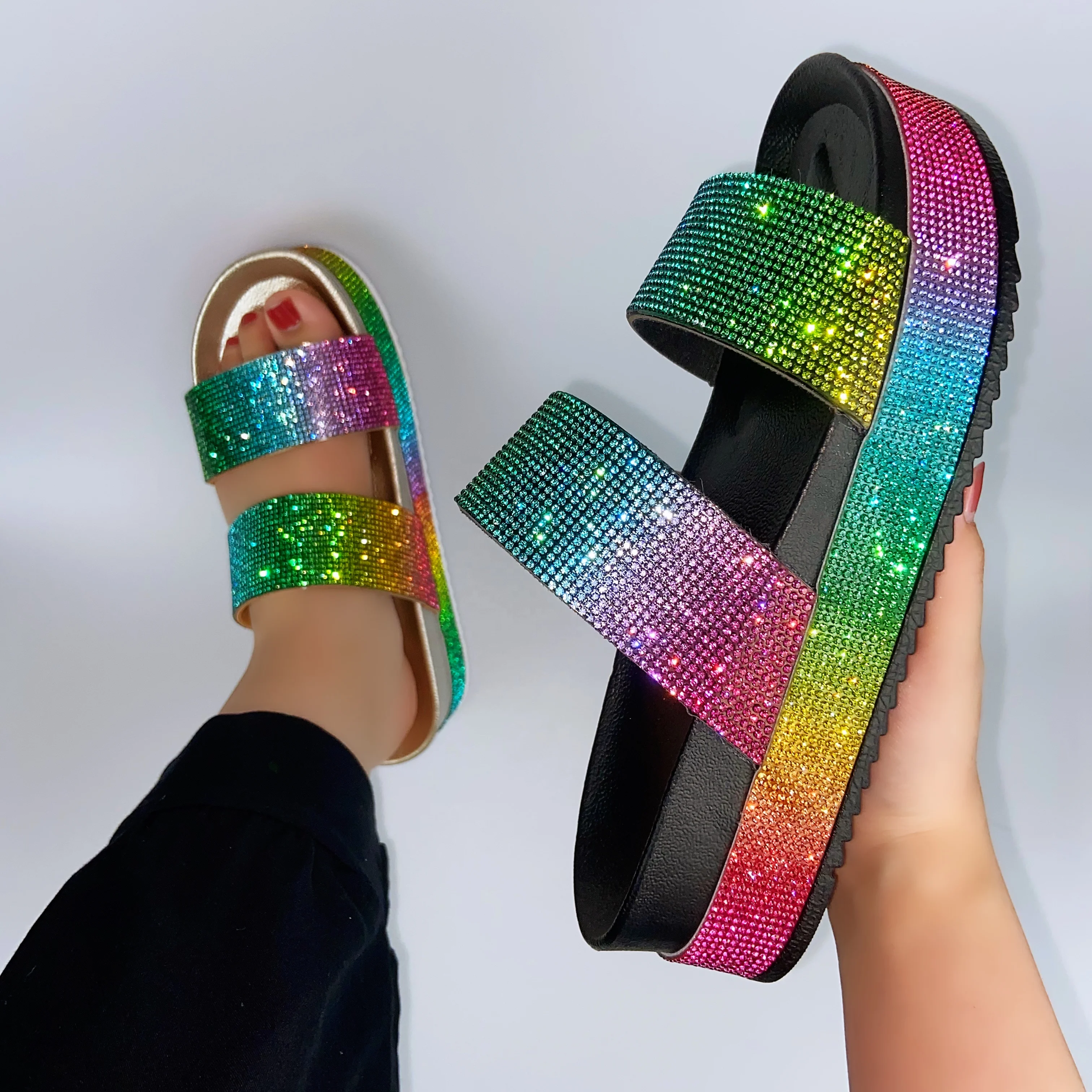 

Platform Diamonds Ladies Shoes Women Sandal Hot Sale Lady Amazon New Style Girls Cork Sole Shoes Slippers For Women Flat Sandals, Customized color