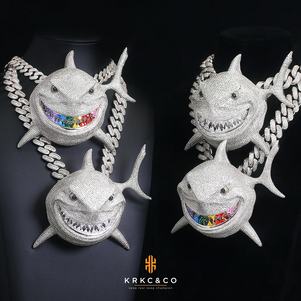 

KRKC Custom Hip Hop Jewellery Cubic Zircon Iced Out Diamond Large Shark Whale Necklace Pendant Jewelry Shark Necklace