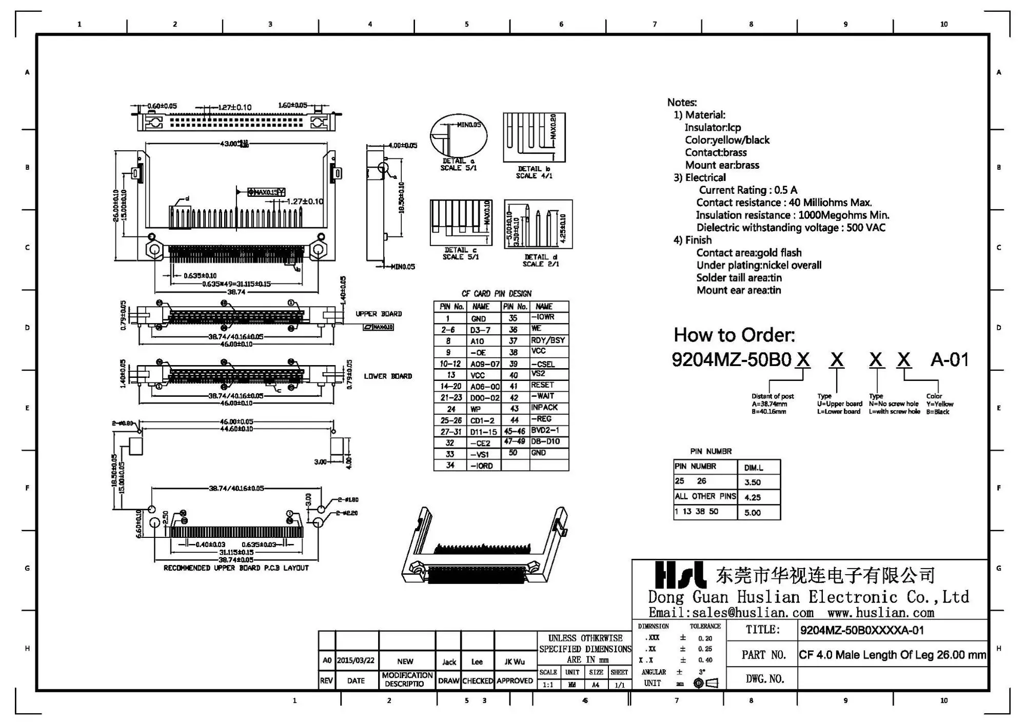 Cf Card Male Type 50p Connector Right Angel Surface Mount Type L=26.0mm