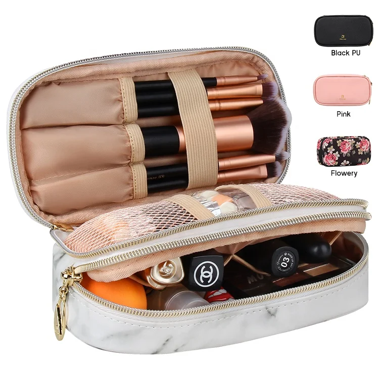 

Relavel Small White Eco Friendly Zipper Portable Dual Layer Waterproof Travel Gold Zipper Makeup Cosmetic Pouch Bag For Women, Marble white