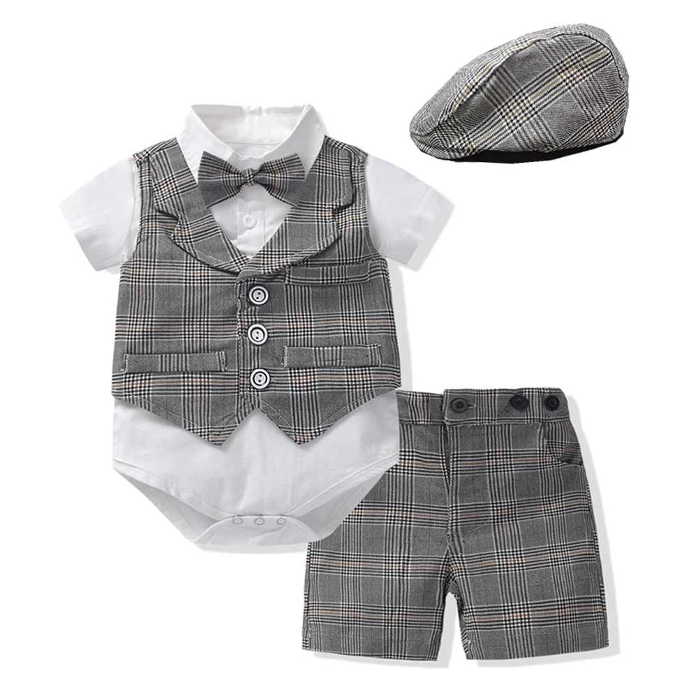 

Fashion Formal Birthday Wedding Romper with Bow Hat Vest Pants Suit Newborn Baby Boy Shirt Suit Handsome, Gray