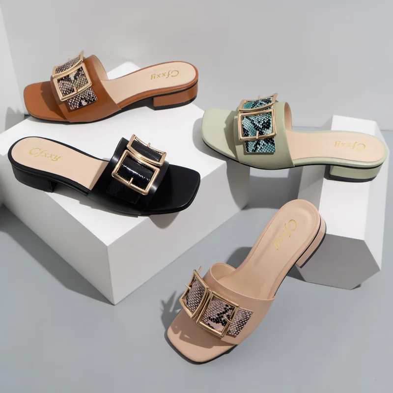 

2022 Summer new arrival fashion open toe classic buckle thick heel casual slippers women shoes outdoor retro slide&slippers, Four colors or customized