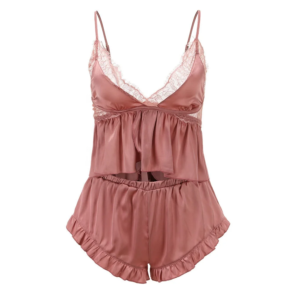 

B24008A Eyelash lace V-neck back leakage bow lady sexy pajamas set