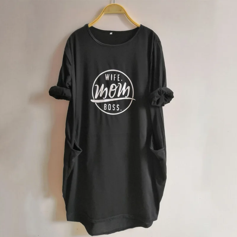 

2020 New Arrival High Quality Women o neck long sleeve pockets plus size Midi cotton t shirt casual dresses