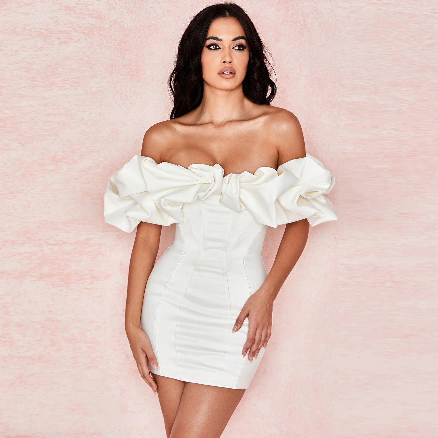 

Ruffle off shoulder tube top halter dress ladies white sexy club party gown, In available