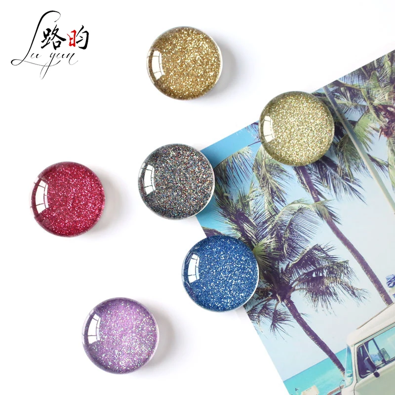 

Candy Color Print Refrigerator Magnet Sticker Glitter Sequined Paper Round Glass Fridge Magnets