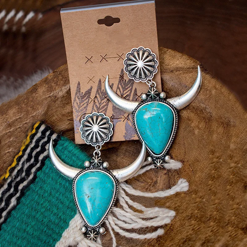 

Boho Western Cowgirl Southwestern Turquoise Buffalo Earrings