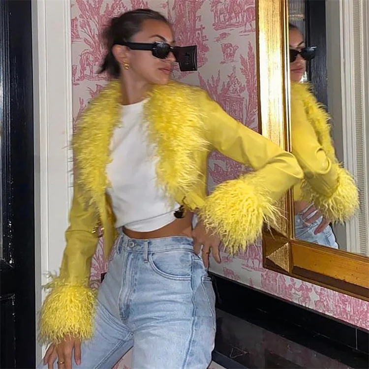 

LvCong Fall winter new style solid color woman button faux fur collar and sleeve pu leather fashion jackets