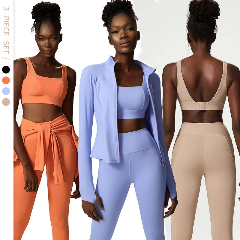 

Women Align Straight Strap Bra Oversize Patchwork Jacket High Rise Leggings Yoga 3 Piece Set, Customized colors