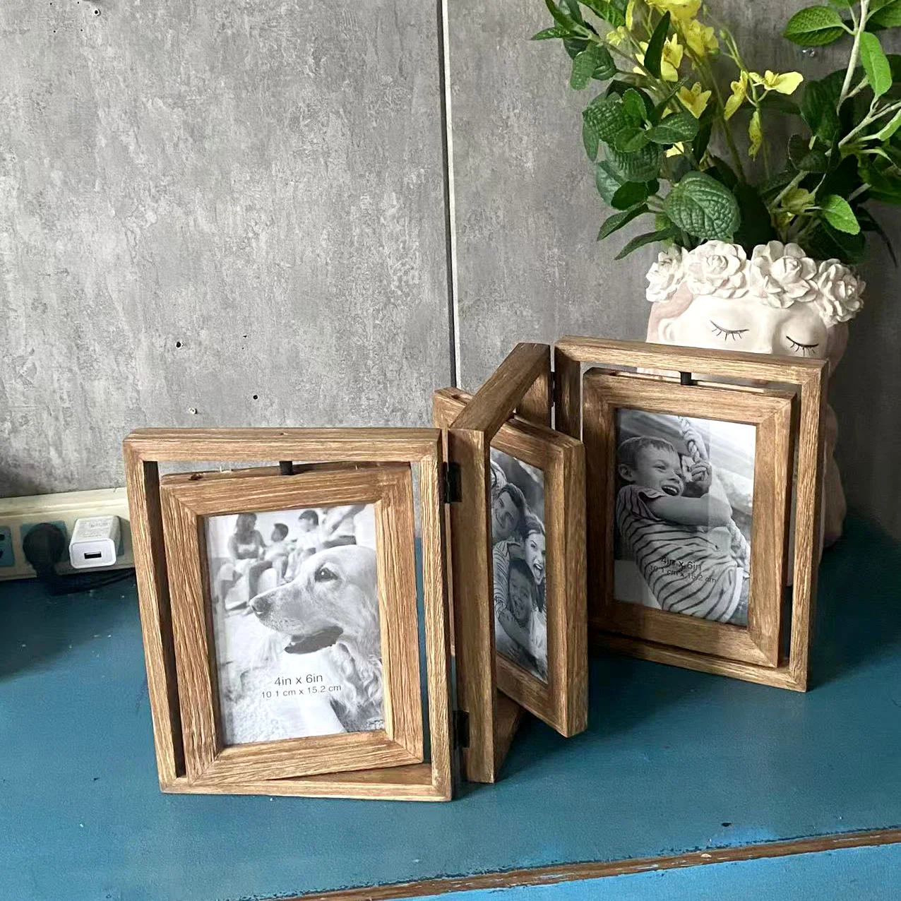52.5x22cm Creative Retro Rotating Picture Frame Solid Wood Double-sided Photo Frame Pendulum Table Log Picture Frame Decoration