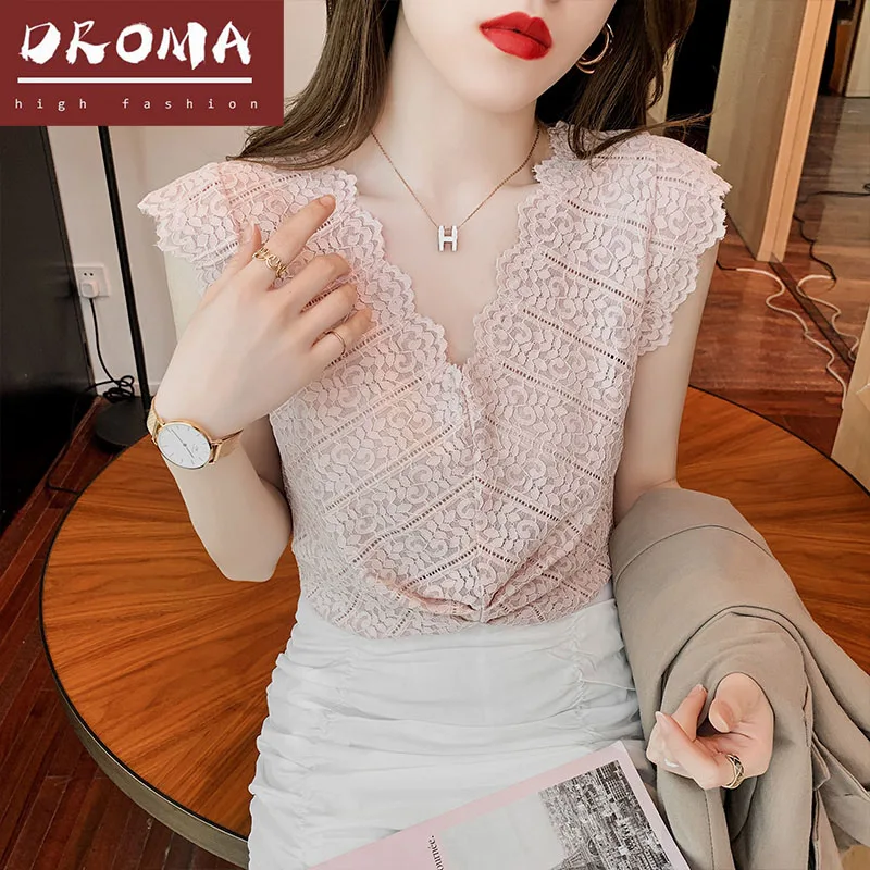 

Droma 2021 high quality ladies elegant lace solid color vest casual wear women lace top, White/red/black