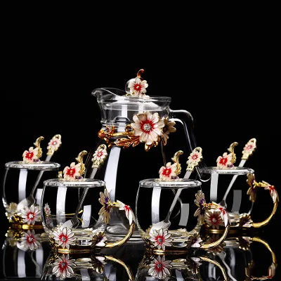 

Wholesale Gift Cup With Enamel Flower Tea Coffee Drink Water Clear Glass Cup Set With Metal Handle In China