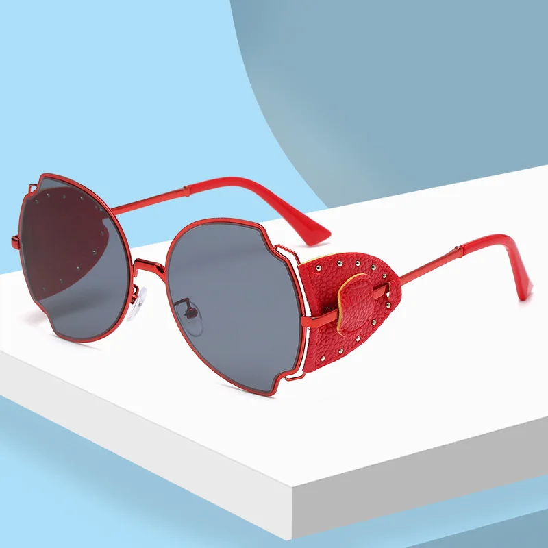 

MJ-0362 The New Fashion Leather Rivet Men's And Women's Leather Irregular Metal Frame Big Frame Sunglasses Unisex