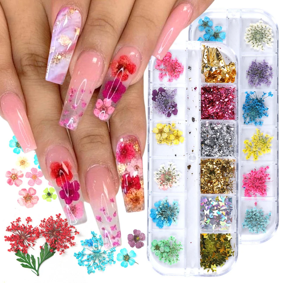 

12 Grid/Case New Dried Flowers Glitter Flakes Mix Nail Decorations Floral Leaf Sticker Jewelry Summer Beauty DIY Accessories, 14 patterns optional