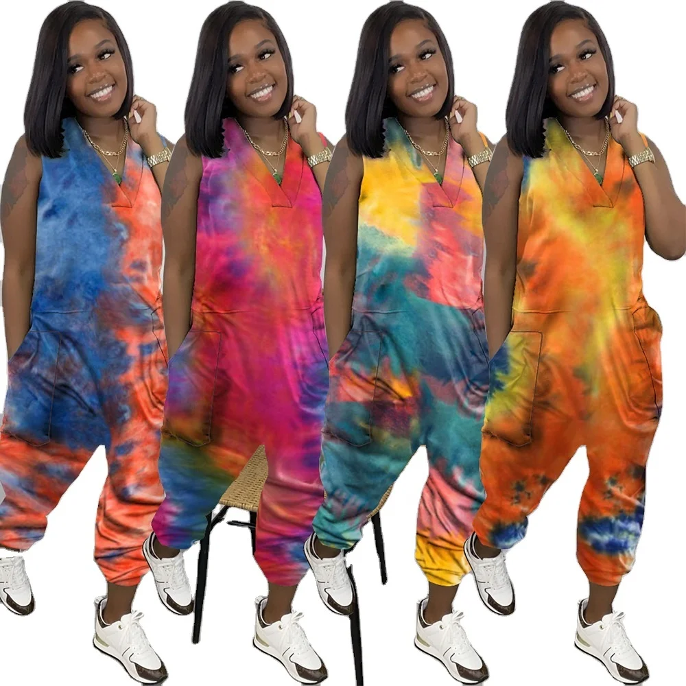 

DLL Newest ladies Overall Outfit V-Neck Casual Rompers Summer tie dye One Piece plus size romper women 2021 jumpsuit sleeveless, As picture or customized make